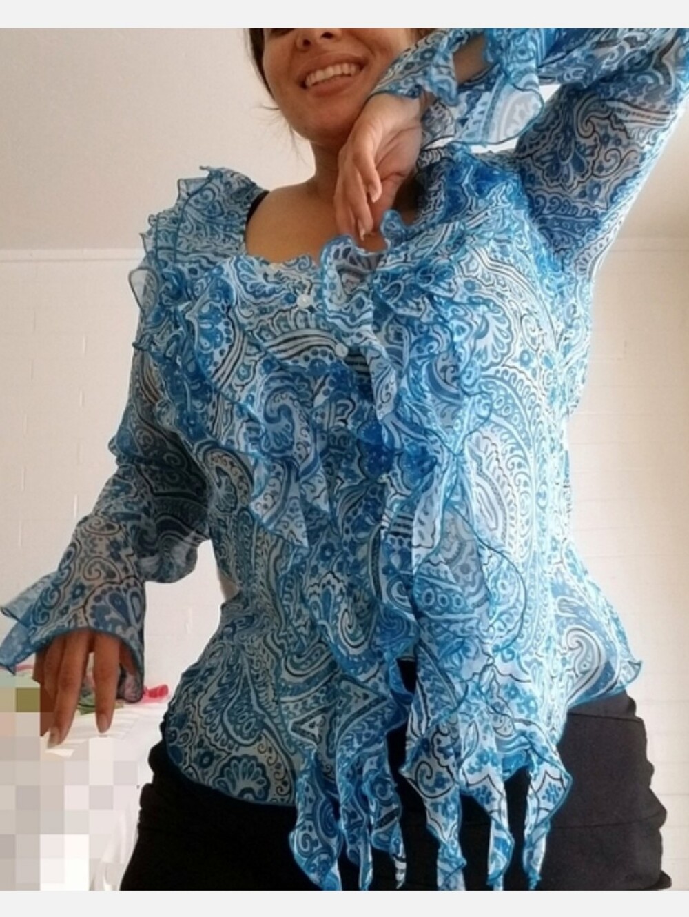 Vintage Blue And White Silk Ruffle Fairy Top - Picture 2 of 4